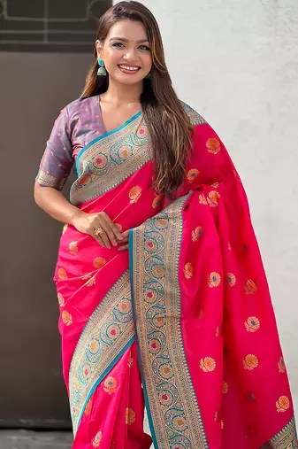Red silk blend meenakari Woven saree