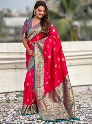 Red silk blend meenakari Woven saree 4