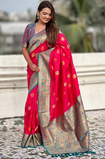 Red silk blend meenakari Woven saree