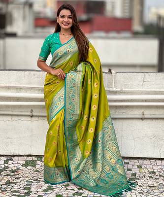 Mahendi soft silk blend wevon meenakari trending partywear saree 1