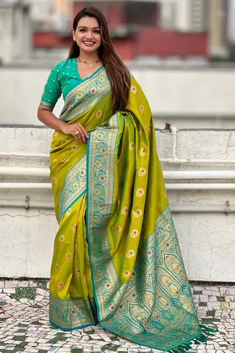 Mahendi color soft silk fabric wevon meenakari designer trending partywear saree