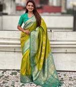 Mahendi color soft silk fabric wevon meenakari designer trending partywear saree