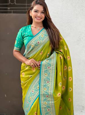 Mahendi soft silk blend wevon meenakari trending partywear saree 3