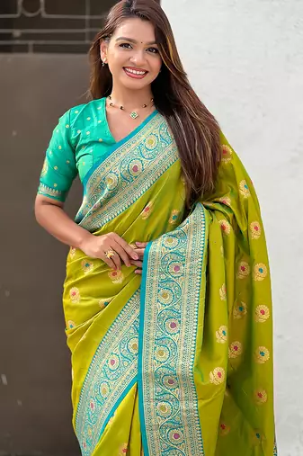 Mahendi soft silk blend wevon meenakari trending partywear saree