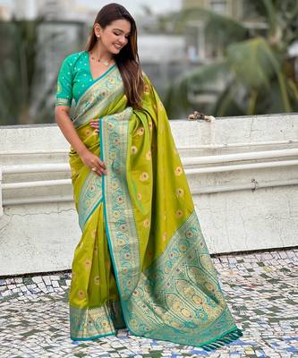 Mahendi soft silk blend wevon meenakari trending partywear saree 4