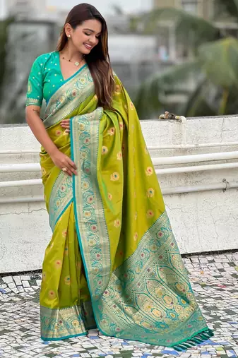 Mahendi soft silk blend wevon meenakari trending partywear saree