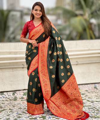 Green soft silk blend wevon meenakari trending partywear saree 1