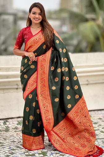 Green color soft silk fabric wevon meenakari designer trending partywear saree