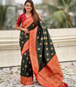 Green color soft silk fabric wevon meenakari designer trending partywear saree