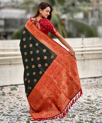 Green soft silk blend wevon meenakari trending partywear saree 2