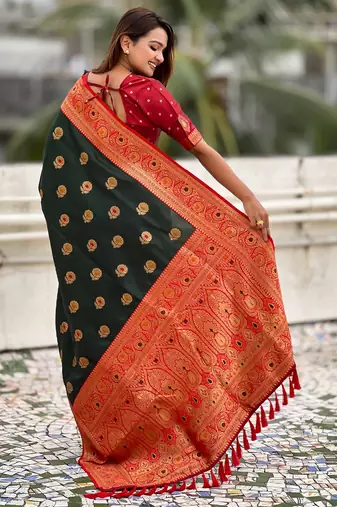 Green soft silk blend wevon meenakari trending partywear saree