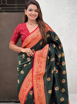 Green soft silk blend wevon meenakari trending partywear saree 3