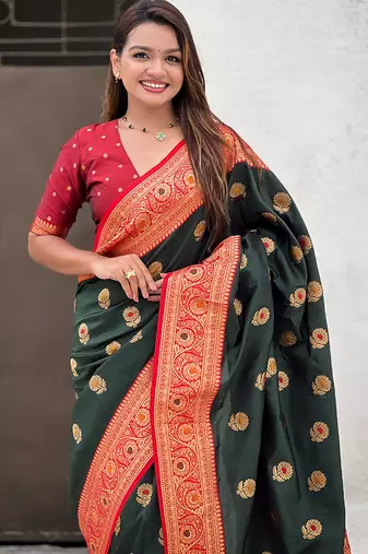 Green soft silk blend wevon meenakari trending partywear saree