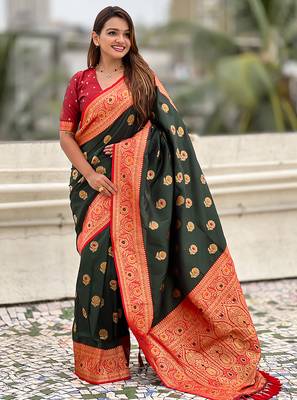 Green soft silk blend wevon meenakari trending partywear saree 4