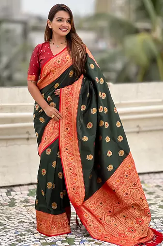 Green soft silk blend wevon meenakari trending partywear saree