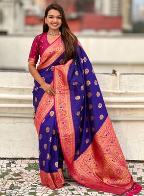 Violet soft silk blend wevon meenakari trending partywear saree 1