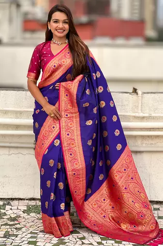 Violet color soft silk fabric wevon meenakari designer trending partywear saree