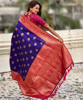 Violet soft silk blend wevon meenakari trending partywear saree 2