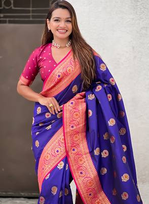 Violet soft silk blend wevon meenakari trending partywear saree 3