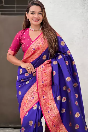 Violet soft silk blend wevon meenakari trending partywear saree
