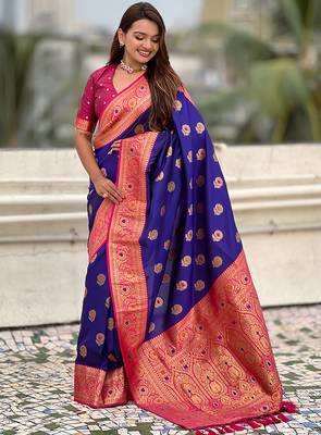 Violet soft silk blend wevon meenakari trending partywear saree 4
