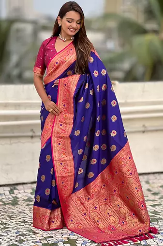 Violet soft silk blend wevon meenakari trending partywear saree