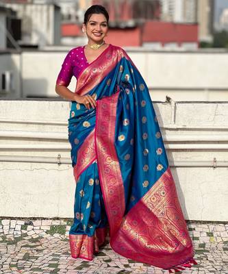 Sky blue soft silk blend wevon meenakari trending partywear saree 1