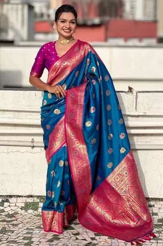 Sky blue color soft silk fabric wevon meenakari designer trending partywear saree