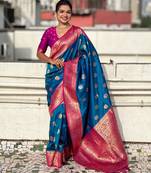 Sky blue color soft silk fabric wevon meenakari designer trending partywear saree