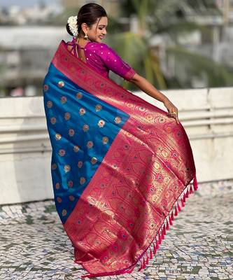 Sky blue soft silk blend wevon meenakari trending partywear saree 2