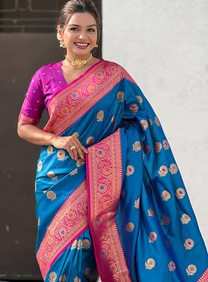 Sky blue soft silk blend wevon meenakari trending partywear saree 3