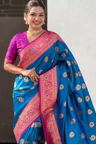 Sky blue soft silk blend wevon meenakari trending partywear saree