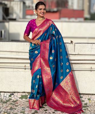 Sky blue soft silk blend wevon meenakari trending partywear saree 4