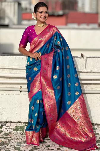 Sky blue soft silk blend wevon meenakari trending partywear saree