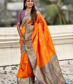 Orange color soft silk fabric wevon meenakari designer trending partywear saree