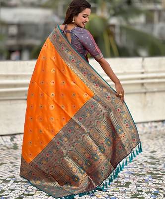 Orange soft silk blend wevon meenakari trending partywear saree 2