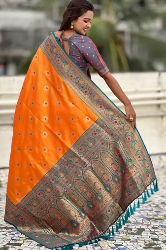Orange soft silk blend wevon meenakari trending partywear saree