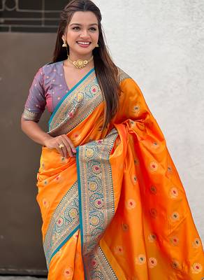 Orange soft silk blend wevon meenakari trending partywear saree 3