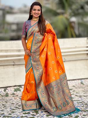 Orange soft silk blend wevon meenakari trending partywear saree 4