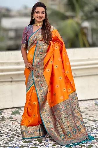 Orange soft silk blend wevon meenakari trending partywear saree