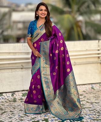 Lavender soft silk blend wevon meenakari trending partywear saree 1