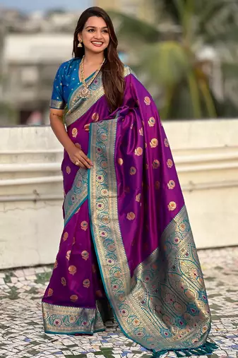 Lavender color soft silk fabric wevon meenakari designer trending partywear saree