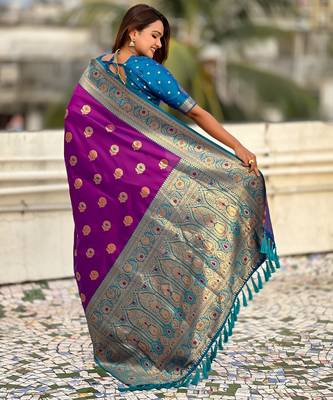 Lavender soft silk blend wevon meenakari trending partywear saree 2