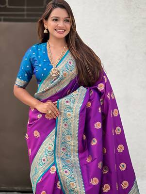 Lavender soft silk blend wevon meenakari trending partywear saree 3