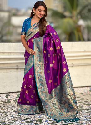 Lavender soft silk blend wevon meenakari trending partywear saree 4