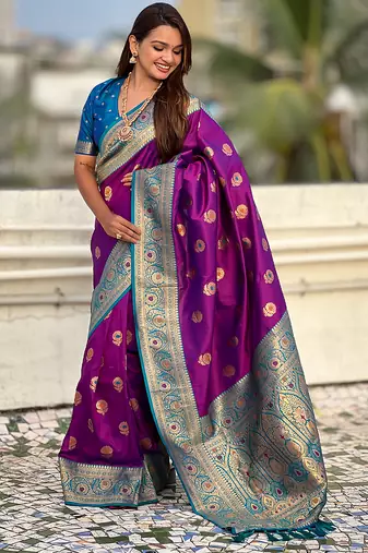 Lavender soft silk blend wevon meenakari trending partywear saree