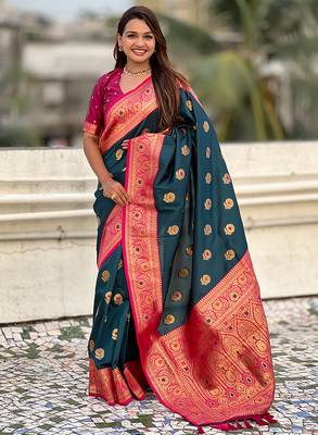 Teal blue soft silk blend wevon meenakari trending partywear saree 1
