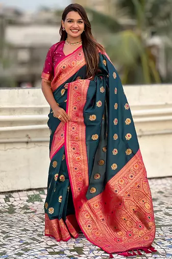 Teal blue color soft silk fabric wevon meenakari designer trending partywear saree