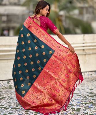 Teal blue soft silk blend wevon meenakari trending partywear saree 2
