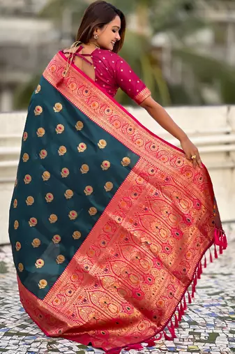 Teal blue soft silk blend wevon meenakari trending partywear saree
